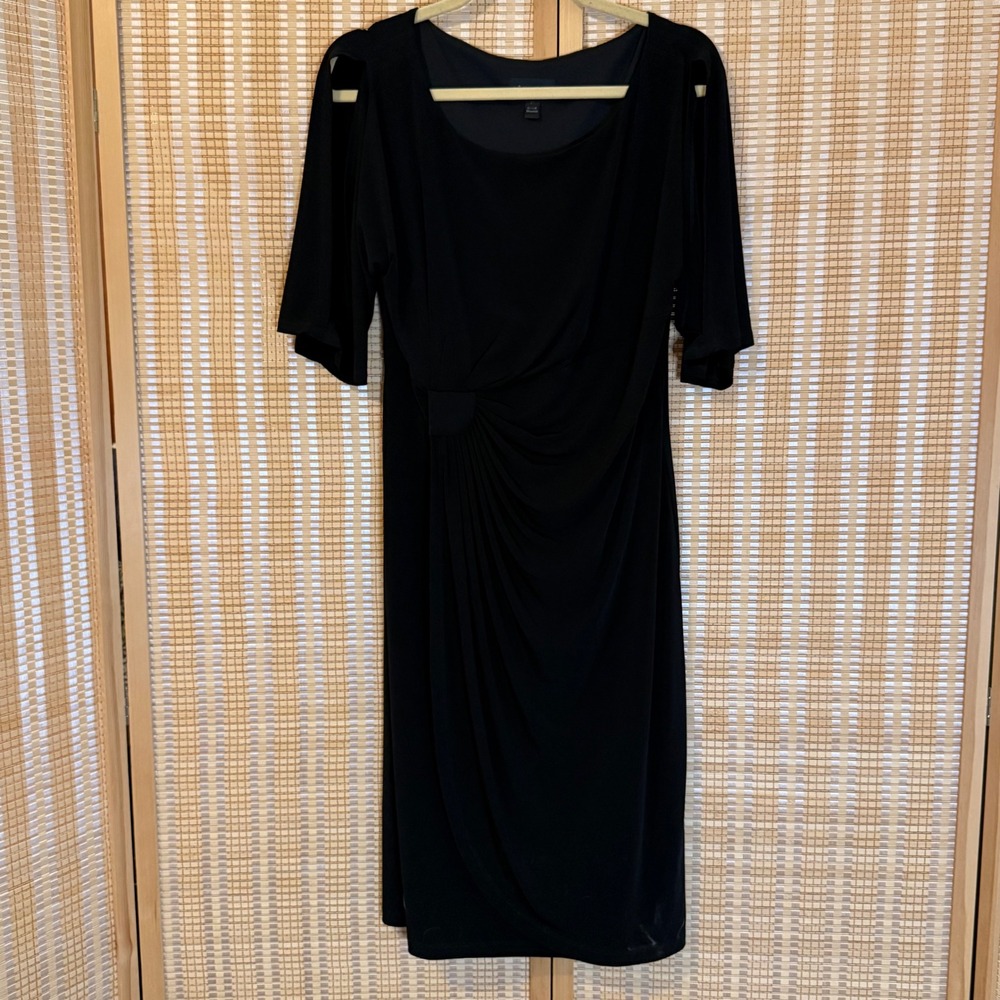 Connected Apparel Black Cold Shoulder Faux Wrap Sheath Dress Size 14 Cocktail